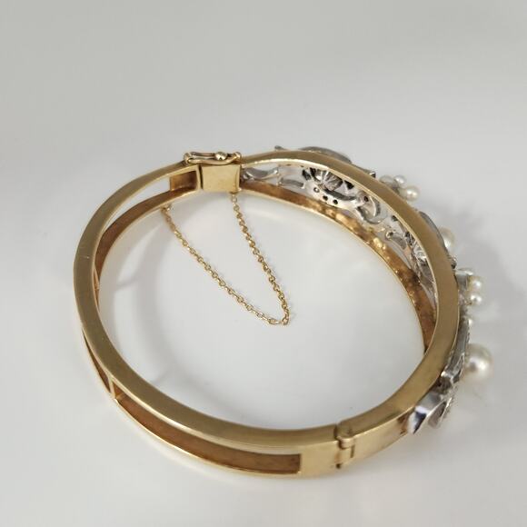 Vintage 14k Two Tone Gold Diamond Pearls Bangle Bracelet - Picture 9 of 14